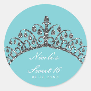 Silver Faux Glitter Tiara Crown Party Custom Favou Classic Round Sticker