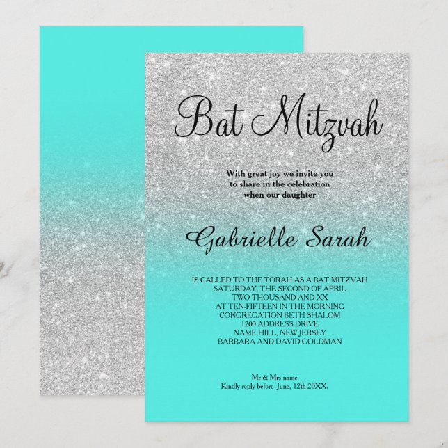 SIlver faux glitter turquoise ombre Bat Mitzvah Invitation (Front/Back)