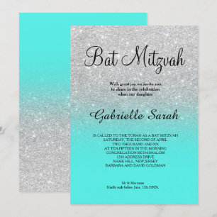 SIlver faux glitter turquoise ombre Bat Mitzvah Invitation
