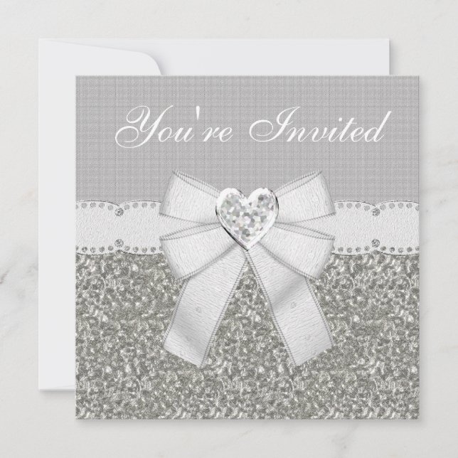 Silver Faux Glitter & White Sparkle Heart Jewel Invitation (Front)