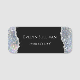 Silver faux iridescent glitter name tag