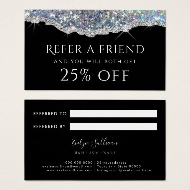 Silver faux iridescent glitter referral card (Front & Back)