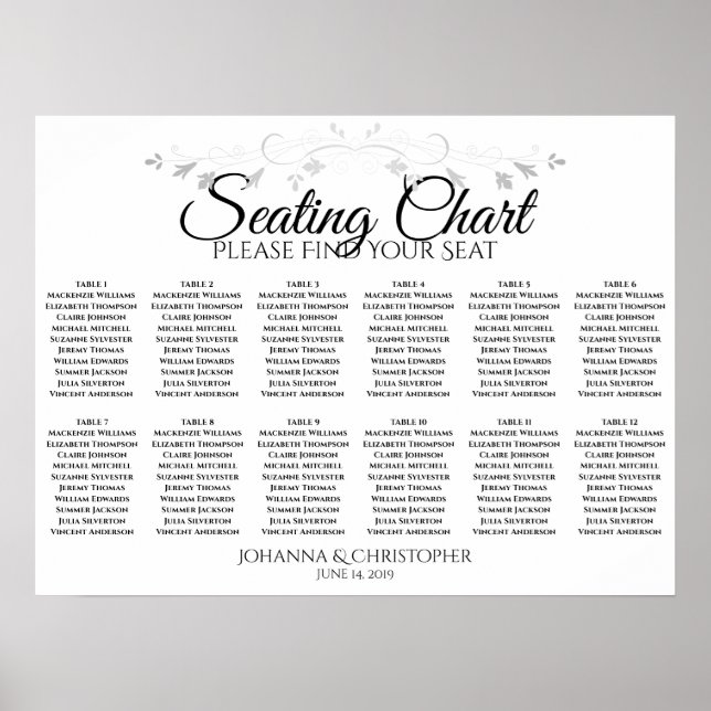 Silver Filigree 12 Table Wedding Seating Chart (Front)