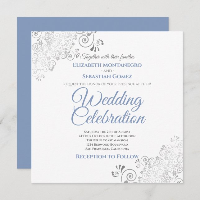 Silver Filigree Elegant Blue Grey Square Wedding Invitation (Front/Back)