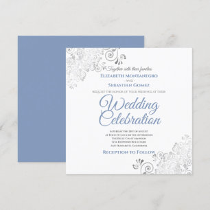 Silver Filigree Elegant Blue Grey Square Wedding Invitation