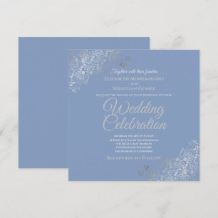 Silver Filigree Elegant Blue Square Wedding Invitation