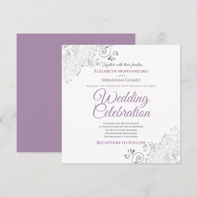 Silver Filigree Elegant Purple Square Wedding Invitation (Front/Back)
