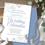 Silver Filigree Elegant Simple Blue Grey Wedding Invitation<br><div class="desc">Invite your guests to share in your wedding celebration with these chic elegant invitations. Features light blue and grey elegant script text on a white background with silver floral faux foil filigree in the corners. Simple design with formal wording to make your wedding truly special.</div>