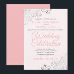 Silver Filigree Elegant Simple Pink Wedding Invitation<br><div class="desc">Invite your guests to share in your wedding celebration with these chic elegant invitations. Features pink and grey elegant script text on a white background with silver floral faux foil filigree in the corners. Simple design with formal wording to make your wedding truly special.</div>