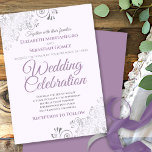 Silver Filigree Elegant Simple Purple Wedding Invitation<br><div class="desc">Invite your guests to share in your wedding celebration with these chic elegant invitations. Features purple and grey elegant script text on a white background with silver floral faux foil filigree in the corners. Simple design with formal wording to make your wedding truly special.</div>