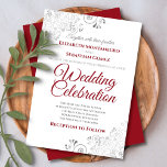 Silver Filigree Elegant Simple Red & White Wedding Invitation<br><div class="desc">Invite your guests to share in your wedding celebration with these chic elegant invitations. Features red and grey elegant script text on a white background with silver floral faux foil filigree in the corners. Simple design with formal wording to make your wedding truly special.</div>