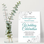 Silver Filigree Elegant Simple Teal & Grey Wedding Invitation<br><div class="desc">Invite your guests to share in your wedding celebration with these chic elegant invitations. Features teal or turquoise and grey elegant script text on a white background with silver floral faux foil filigree in the corners. Simple design with formal wording to make your wedding truly special.</div>