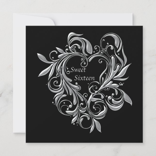 Silver Filigree Heart Sweet 16 Party Invitation (Front)