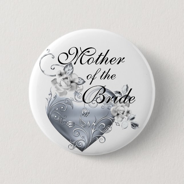 Silver Filigree Heart & White Roses 2 Inch Round Button (Front)