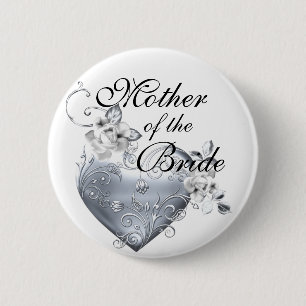 Silver Filigree Heart & White Roses 2 Inch Round Button