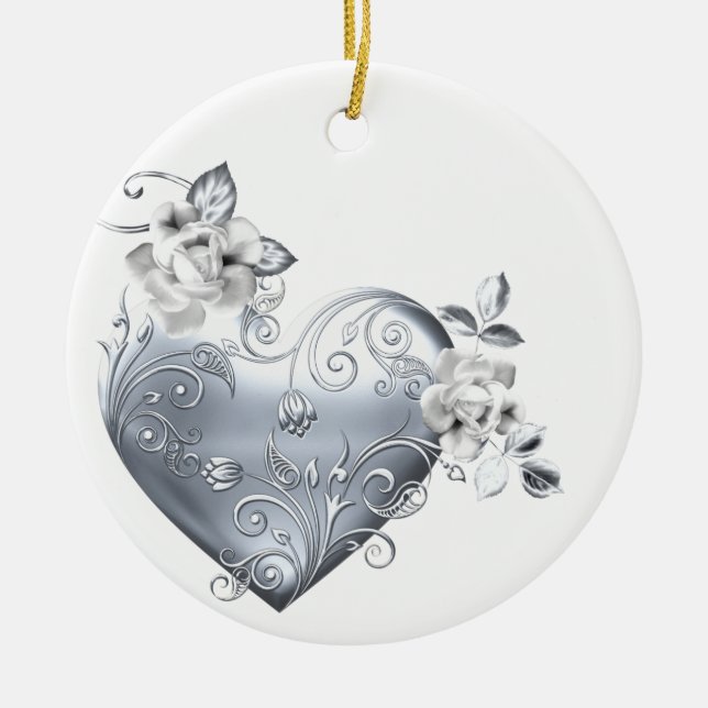 Silver Filigree Heart & White Roses Ceramic Ornament (Front)