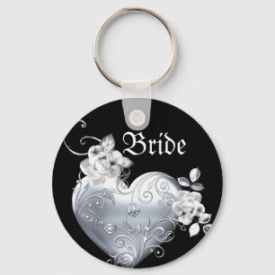 Silver Filigree Heart & White Roses Keychain