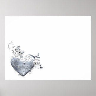 Silver Filigree Heart & White Roses Poster
