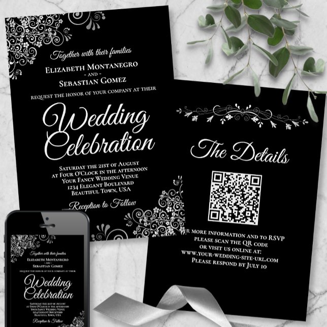 Silver Filigree on Black Elegant QR Code Wedding Invitation (Creator Uploaded)