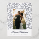 Silver Fine Filigree Married Christmas Foil Holiday Card<br><div class="desc">Send merry wishes of the season and share your happy news with family and friends on this wedding themed Christmas card. Swap the phot for your best shot from the big day and edit the name and date on the front, plus personalize the long message on the back with your...</div>