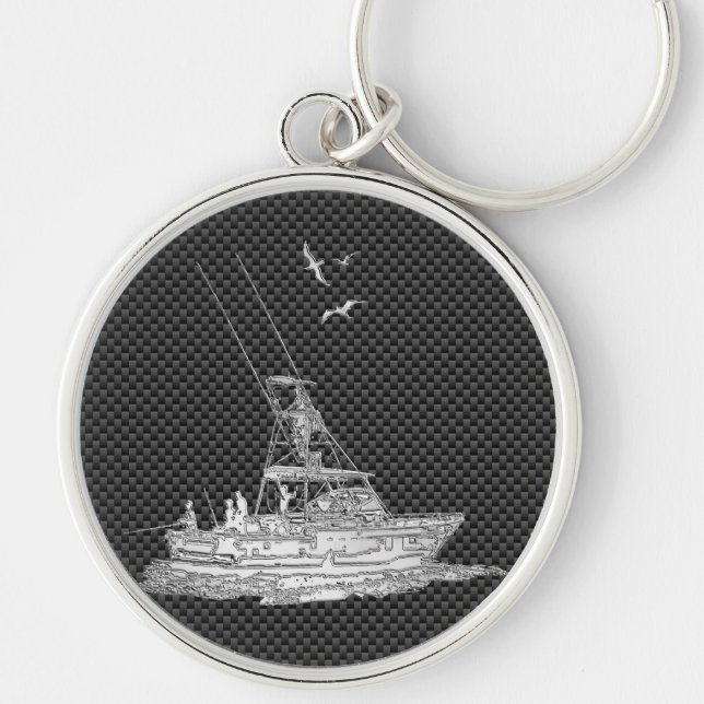 Silver Fishing Boat on Carbon Fiber Keychain (Front)