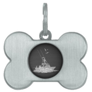 Silver Fishing Boat on Carbon Fibre Pet Tag