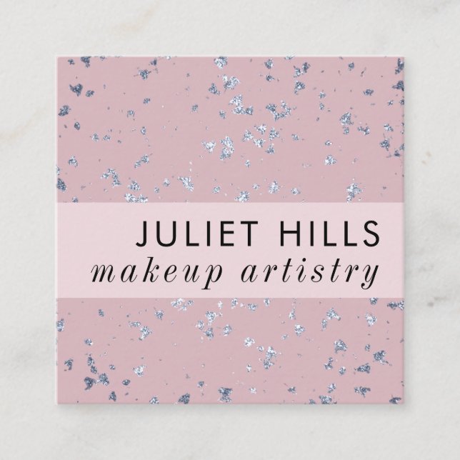 Silver Flakes and Blush Pink Square Business Card (Front)