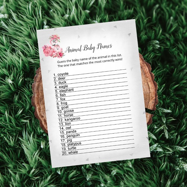 Silver Flamingo Ballerina Animal Baby Names Game Invitation (Creator Uploaded)