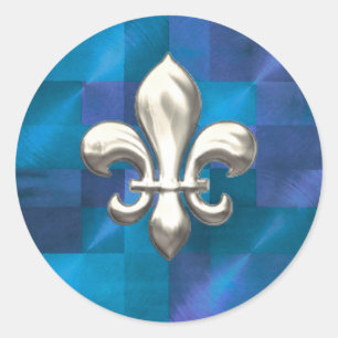 Silver Fleur de Lis on Abstract Blues Classic Round Sticker