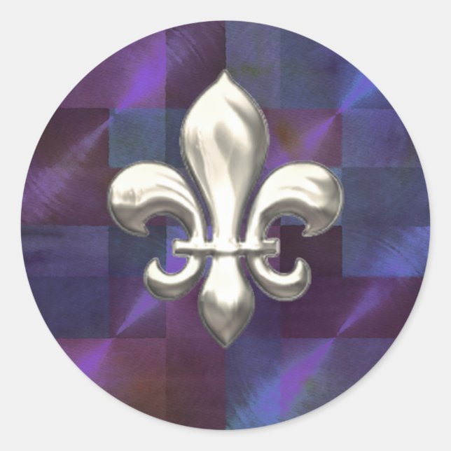 Silver Fleur de Lis on Abstract Purples Classic Round Sticker (Front)