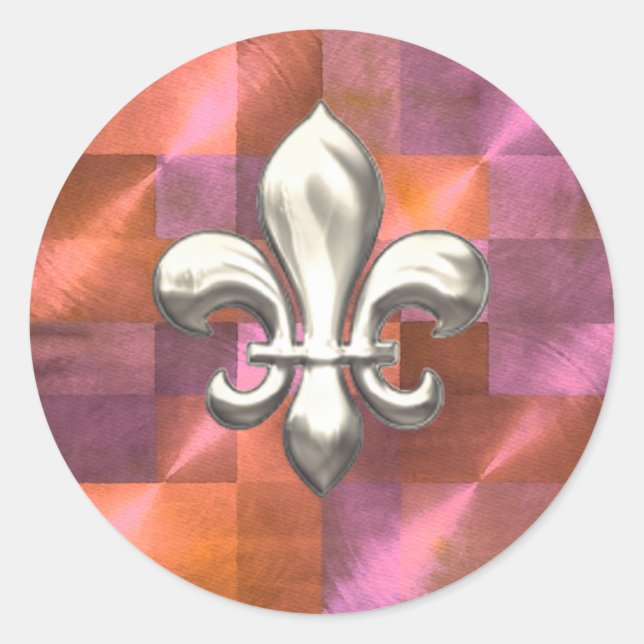 Silver Fleur de Lis on Geometric Orange and Purple Classic Round Sticker (Front)