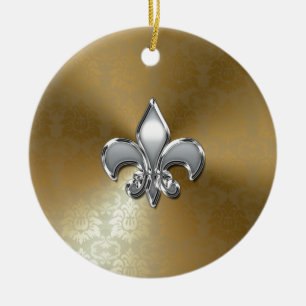Silver Fleur-De-Lis on Gold Damask Ceramic Ornament