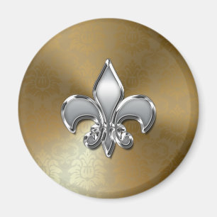 Silver Fleur-De-Lis on Gold Damask Magnet