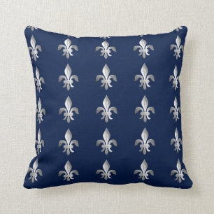 Silver Fleur-de-lis on indigo blue Throw Pillow