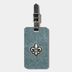 Silver Fleur de Lis on Teal Leather look Luggage Tag