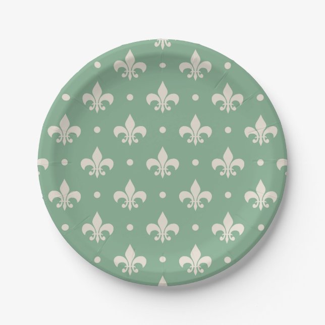 Silver Fleur De Lis pattern on green background Paper Plate (Front)