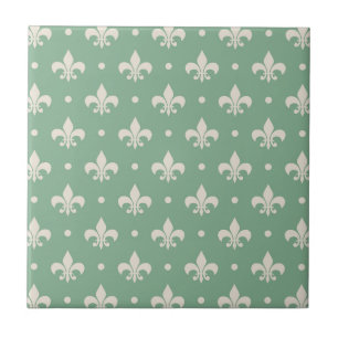 Silver Fleur De Lis pattern on green background Tile
