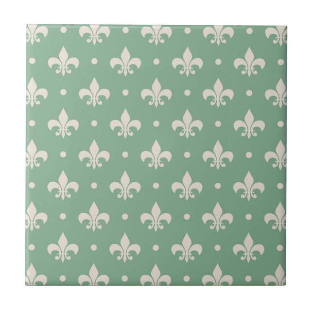 Silver Fleur De Lis pattern on green background Tile (Front)