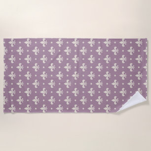 Silver Fleur De Lis pattern on purple background Beach Towel