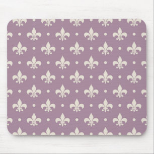 Silver Fleur De Lis pattern on purple background Mouse Pad