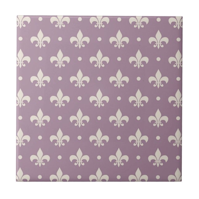 Silver Fleur De Lis pattern on purple background Tile (Front)