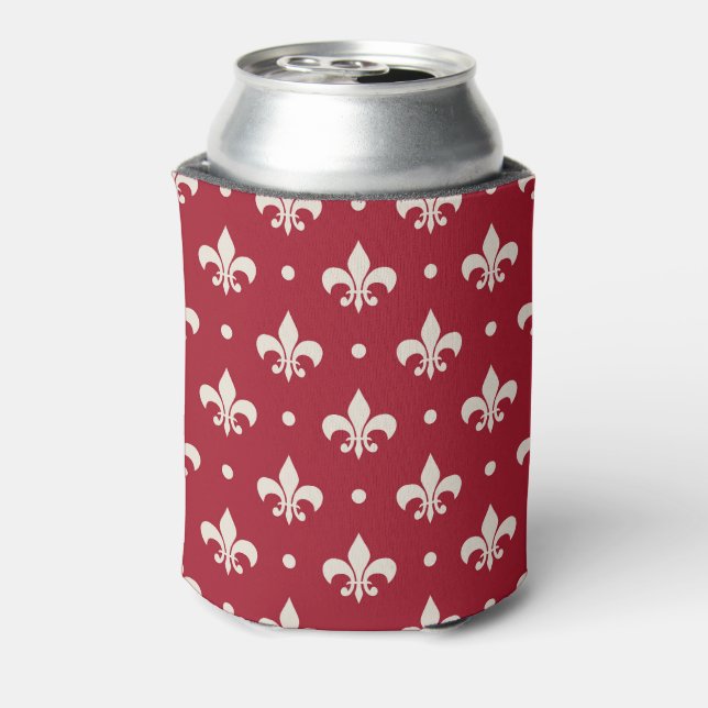 Silver Fleur De Lis pattern on red background Can Cooler (Can Back)