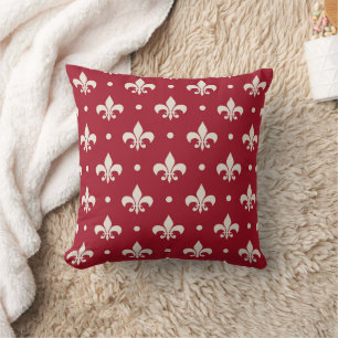 Silver Fleur De Lis pattern on red background Throw Pillow
