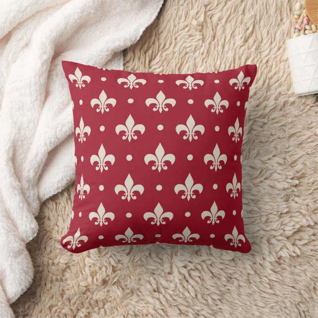 Silver Fleur De Lis pattern on red background Throw Pillow (Blanket)