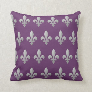 Silver Fleur de lys Floral Regal Purple Throw Throw Pillow