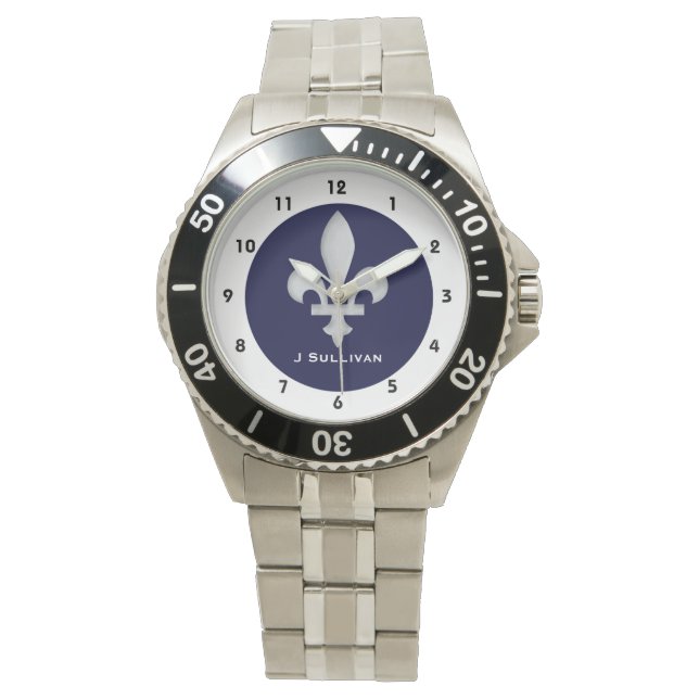 Silver Fleur-de-lys on Dark Blue on Classic Watch (Front)