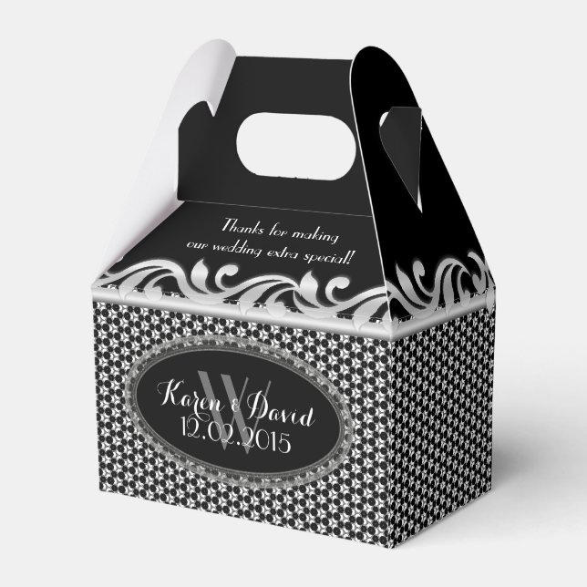 Silver Fleur Geometric Pattern Black White Party Favor Box (Back Side)