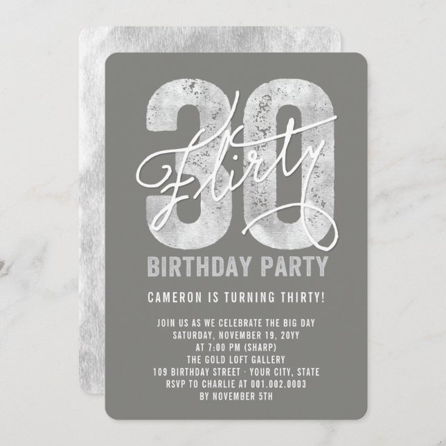 Silver Flirty Thirty 30th Birthday Party Invite (Front/Back)