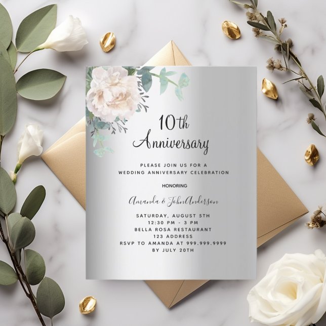 Silver floral 10th wedding anniversary invitation (Creator Uploaded)