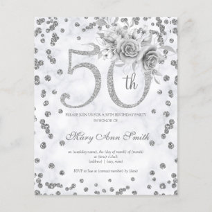 Silver Floral 50th Birthday Invite Marble Flyer